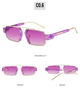 Detail view of square metal frame sunglasses with purple gradient lenses from multiple angles