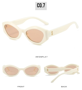 Detailed views of cream cat-eye sunglasses with gold diamond accent and tinted lenses