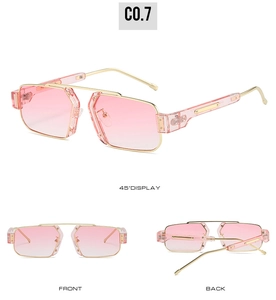 Detail view of pink gradient lenses and gold metal frames on square fashion sunglasses