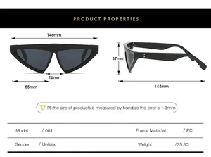 Size chart for triangle cat-eye sunglasses with detailed PC frame dimensions and weight
