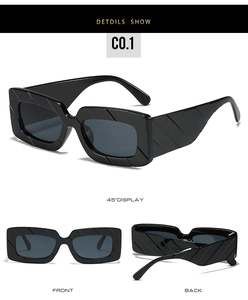 Detailed views of rectangle sunglasses featuring unique diagonal grooved textured frames