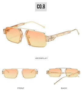 Three-view layout of retro square metal sunglasses with gradient orange-yellow resin lenses