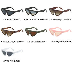 Detailed collection of seven stylish cat-eye triangle sunglasses in various trendy colors
