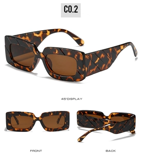 Detailed views of tortoiseshell rectangle sunglasses showing front, back, and 45-degree angles