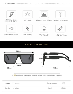 Detailed specs of square oversized sunglasses showing UV400 protection and frame dimensions