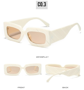 Front, back, and 45-degree angle views of cream square sunglasses with striped frames