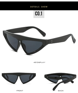Detail view showing front and back of black geometric triangle sunglasses with silver rivets