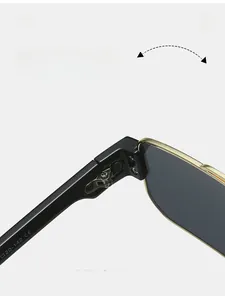 Macro view of durable metal hinges on square sunglasses with CE certification mark