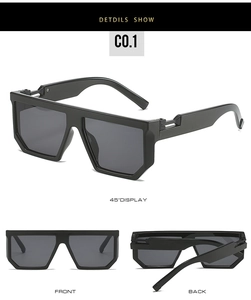 Detail view showing front, back, and 45-degree angles of black oversized flat top sunglasses