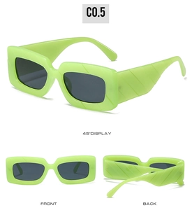 Three perspectives of fluorescent green square sunglasses with textured frames and dark lenses