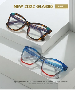 Detailed view of TR90 cat-eye frames in tortoiseshell and blue-red gradient colors