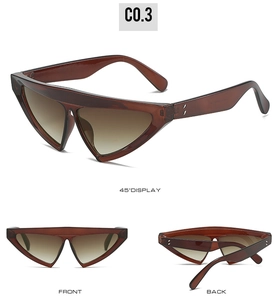 Three-angle view of vintage triangle cat eye sunglasses with brown gradient lenses