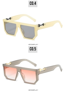 45-degree view of flat top square sunglasses with metal hinges in translucent frames