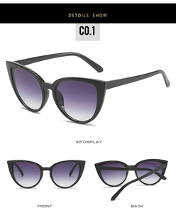 Vues détaillées de lunettes de soleil œil-de-chat noires avec verres dégradés violets
