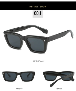 Vue sous trois angles de lunettes de soleil carrées noires avec rivets et protection UV400