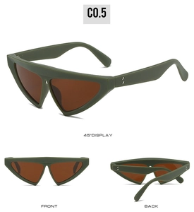 Detailed views of triangular geometric sunglasses featuring dark green frames and brown lenses