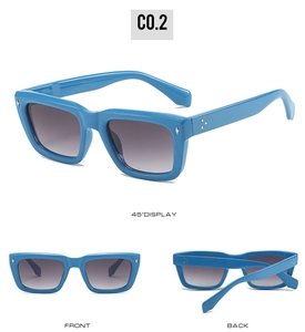 Détails de lunettes de soleil bleues à monture épaisse vues de face, dos et à 45 degrés