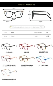 Detailed size chart for TR90 cat-eye glasses frame showing precise frame dimensions