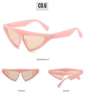 Pink triangular geometric sunglasses with orange lenses showing front and side views