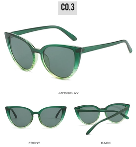 Trois angles de lunettes de soleil œil de chat avec monture dégradée vert émeraude