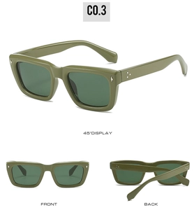 Vue détaillée des lunettes de soleil rectangulaires vert olive avec rivets argentés UV400