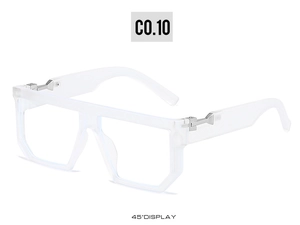 Close-up of frosted white square frames with silver metal hinges from a 45-degree angle