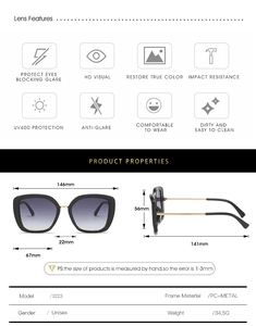 Detailed size chart of square frame sunglasses with gold metal temples and UV400 lenses