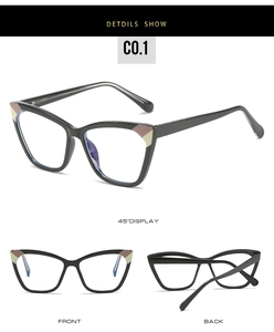 Three-angle view of black cat-eye TR90 eyeglass frames with geometric corner details