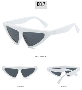 Three-angle display of white triangle cat eye sunglasses with dark grey lenses and rivets