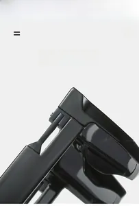 Detail view of durable hinges and glossy black frame on lightweight square sunglasses