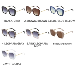 Grid view of various color options for chunky square frame sunglasses with metal temples