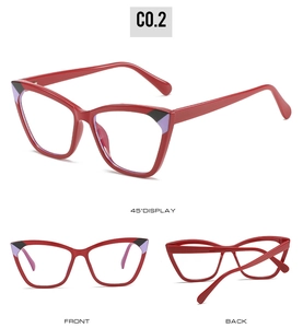 Detailed multi-angle views of red cat-eye TR90 glasses frame with purple geometric accents