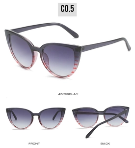 Vues détaillées de lunettes de soleil œil de chat avec monture rayée rouge et blanc