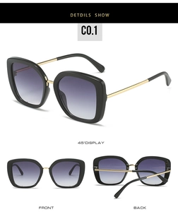 Three-view display of square black sunglasses with gold metal temples and purple gradient lenses