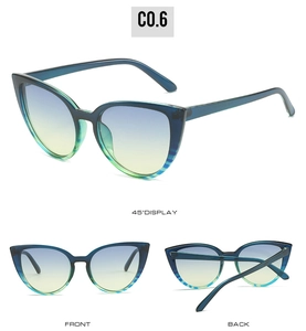 Vues détaillées de lunettes de soleil œil de chat bleues avec rayures et verres dégradés