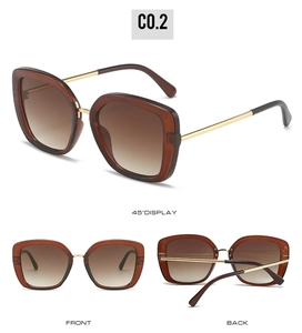 Three-angle view of square frame sunglasses with gradient lenses and gold metal temples