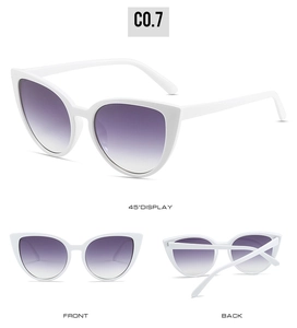 Trois vues de lunettes de soleil œil de chat blanches avec verres dégradés violets et style chic