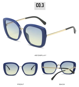 Blue square frame sunglasses with gold metal temples and gradient lenses multi-angle view