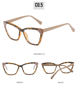 Three perspectives of cat-eye leopard print TR90 frames showing front and back views