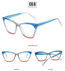 Detailed multi-angle views of TR90 cat-eye blue-red gradient optical frames