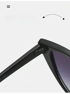 Vue détaillée des charnières métalliques sur lunettes de soleil œil-de-chat noir brillant