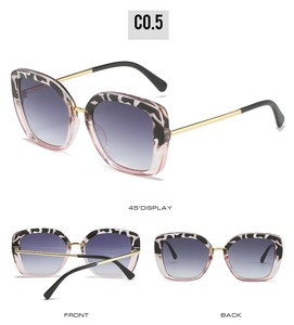 Detailed views of square pink marble texture sunglasses with purple gradient lenses