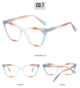 Detailed views of TR90 cat-eye frames featuring a grey to orange gradient design