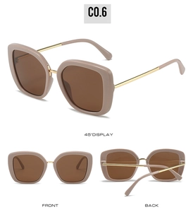 Three-view display of beige square frame sunglasses with dark brown lenses and gold temples