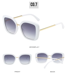 Three-view display of square white sunglasses with gold metal temples and gradient lenses