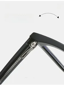 Detail of durable metal hinges on TR90 black frames showing high-quality screw mechanism