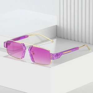 Fashionable square metal sunglasses with purple gradient lenses on minimalist white steps