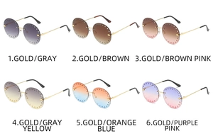 Détail de lunettes de soleil rondes sans monture déclinées en six dégradés de couleurs