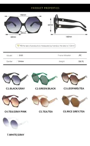 Detailed size specifications for oversized polygonal sunglasses with PC frame measurements