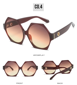 Three views of burgundy oversized hexagonal sunglasses with orange gradient lenses